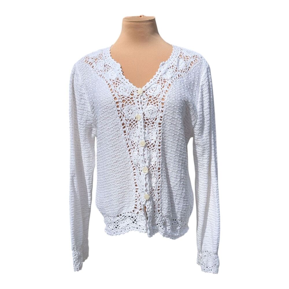 Christopher & Banks White Hand Crocheted Button Front Cardigan Women's Large